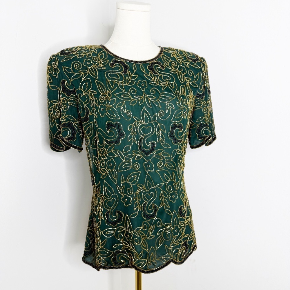 STENAY 100% Silk Green & Gold Beaded Blouse Size Small Zipper Back